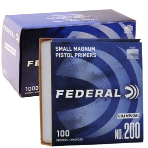 Product Overview Rifle and pistol reloaders need the affordable and reliable performance of Federal Champion primers. Their unique priming mix and consistent ignition make them perfect for high-volume shooters, as well as those learning how to reload. Features Unique Federal priming mix for consistent ignition Affordably priced Available in sizes to fit virtually all reloading needs Federal Premium warning-iconWARNING: This product can expose you to Lead, which is known to the State of California to cause cancer and birth defects or other reproductive harm. For more information go to - www.P65Warnings.ca.gov. Specifications Product Information Quantity 1000 Piece Primer Size Small Pistol Magnum Delivery Information Shipping Weight 1.475 Pounds DOT-Regulated Yes HazMat Product Yes